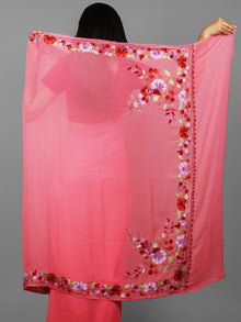 Pink Lavender Red Green Aari Embroidered Chiffon Saree From Kashmir  - S031702163