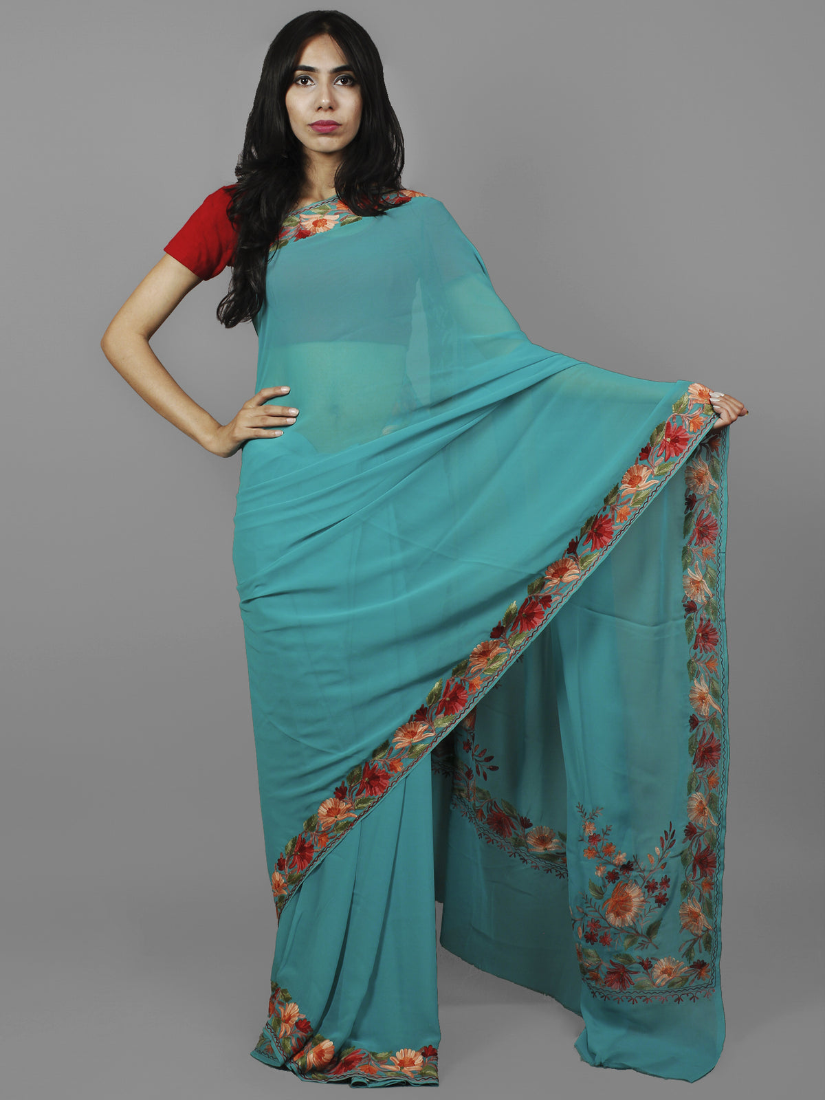 Teal Green Red Brown Aari Embroidered Chiffon Saree From Kashmir  - S031702167