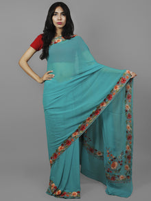 Teal Green Red Brown Aari Embroidered Chiffon Saree From Kashmir  - S031702167
