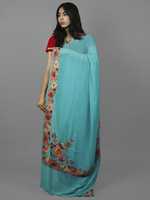 Teal Green Red Brown Aari Embroidered Chiffon Saree From Kashmir  - S031702167