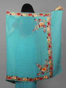 Teal Green Red Brown Aari Embroidered Chiffon Saree From Kashmir  - S031702167