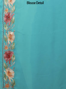 Teal Green Red Brown Aari Embroidered Chiffon Saree From Kashmir  - S031702167