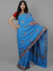 Cobalt Blue Brown Red Orange Aari Embroidered Cotton Saree From Kashmir  - S031702168