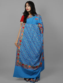 Cobalt Blue Brown Red Orange Aari Embroidered Cotton Saree From Kashmir  - S031702168