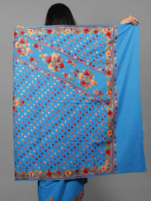 Cobalt Blue Brown Red Orange Aari Embroidered Cotton Saree From Kashmir  - S031702168