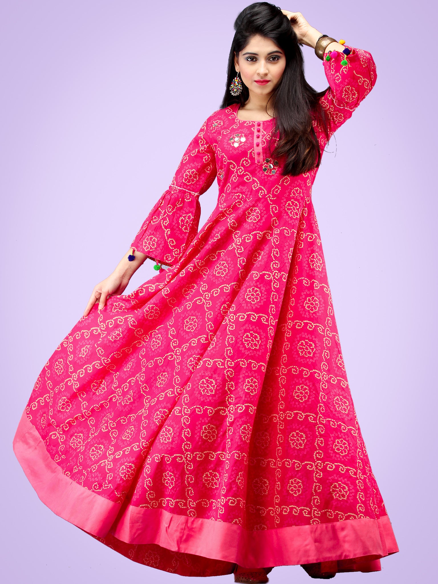 Maher - Pink Bandhani Printed Urave Cut Long Dress - D381F2053 InduBindu Maher - Pink Bandhani Printed Urave Cut Long Dress - D381F2053 InduBindu