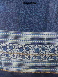 Indigo White Hand Block Printed Chanderi Kurta-Salwar Fabric With Chanderi Dupatta - S1628030