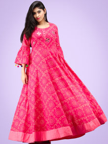 Maher - Pink Bandhani Printed Urave Cut Long Dress  - D381F2053