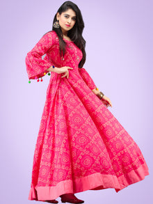 Maher - Pink Bandhani Printed Urave Cut Long Dress  - D381F2053