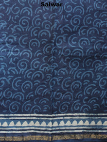 Indigo White Hand Block Printed Chanderi Kurta-Salwar Fabric With Chanderi Dupatta - S1628030