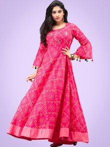 Maher - Pink Bandhani Printed Urave Cut Long Dress  - D381F2053