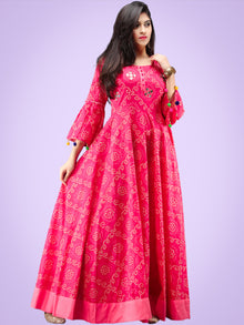 Maher - Pink Bandhani Printed Urave Cut Long Dress  - D381F2053
