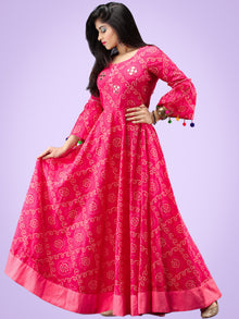 Maher - Pink Bandhani Printed Urave Cut Long Dress  - D381F2053