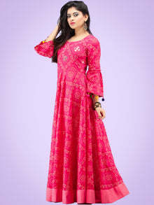 Maher - Pink Bandhani Printed Urave Cut Long Dress  - D381F2053