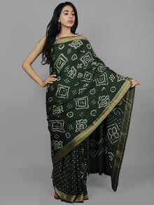 Green White Hand Tie & Dye Bandhej Glace Cotton Saree With Resham Border - S031702210