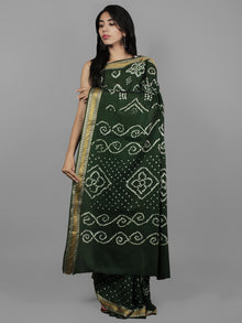Green White Hand Tie & Dye Bandhej Glace Cotton Saree With Resham Border - S031702210