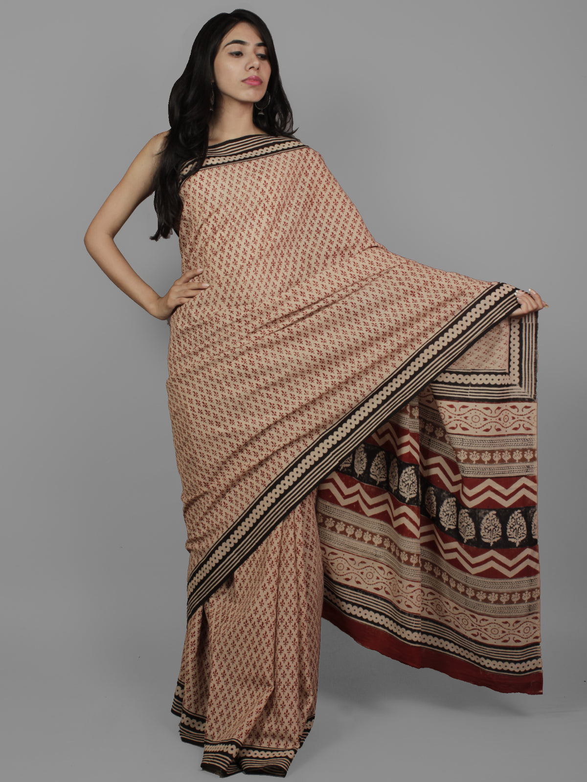Beige Maroon Black Cotton Hand Block Printed Saree in Natural Colors - S031702220