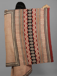 Beige Maroon Black Cotton Hand Block Printed Saree in Natural Colors - S031702220
