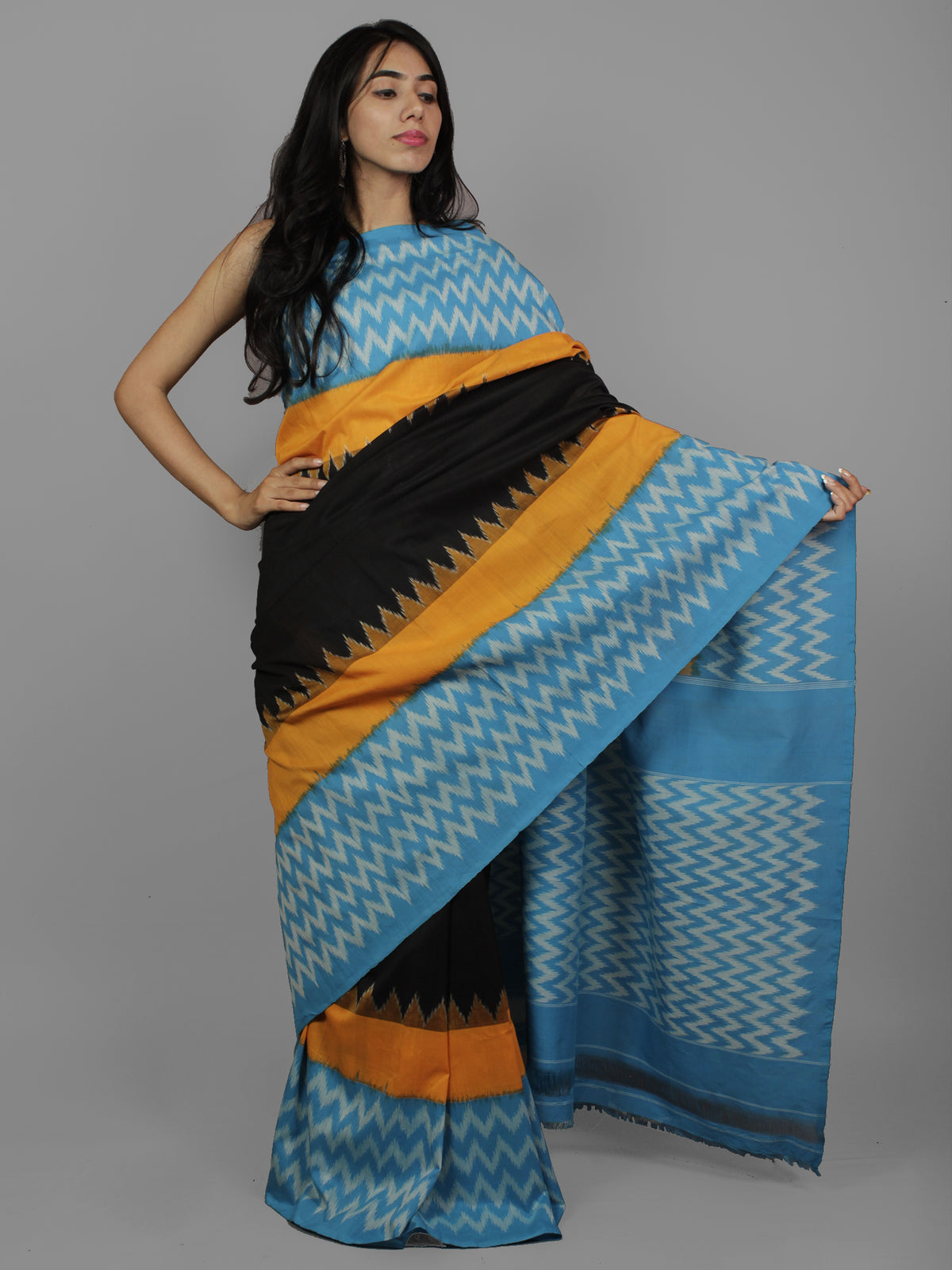 Blue Yellow Black Ivory Ikat Handwoven Pochampally Mercerized Cotton Saree - S031702214