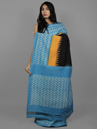 Blue Yellow Black Ivory Ikat Handwoven Pochampally Mercerized Cotton Saree - S031702214