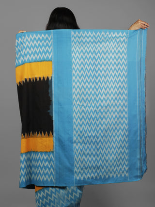 Blue Yellow Black Ivory Ikat Handwoven Pochampally Mercerized Cotton Saree - S031702214