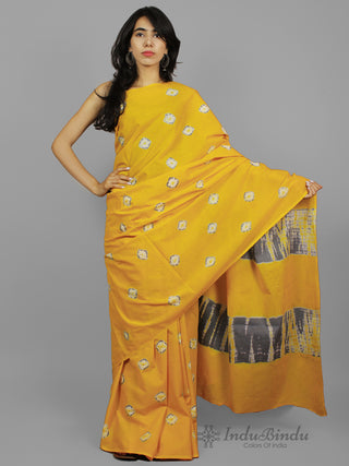 Yellow Grey Hand Shibori Dyed Cotton Saree - S031702222