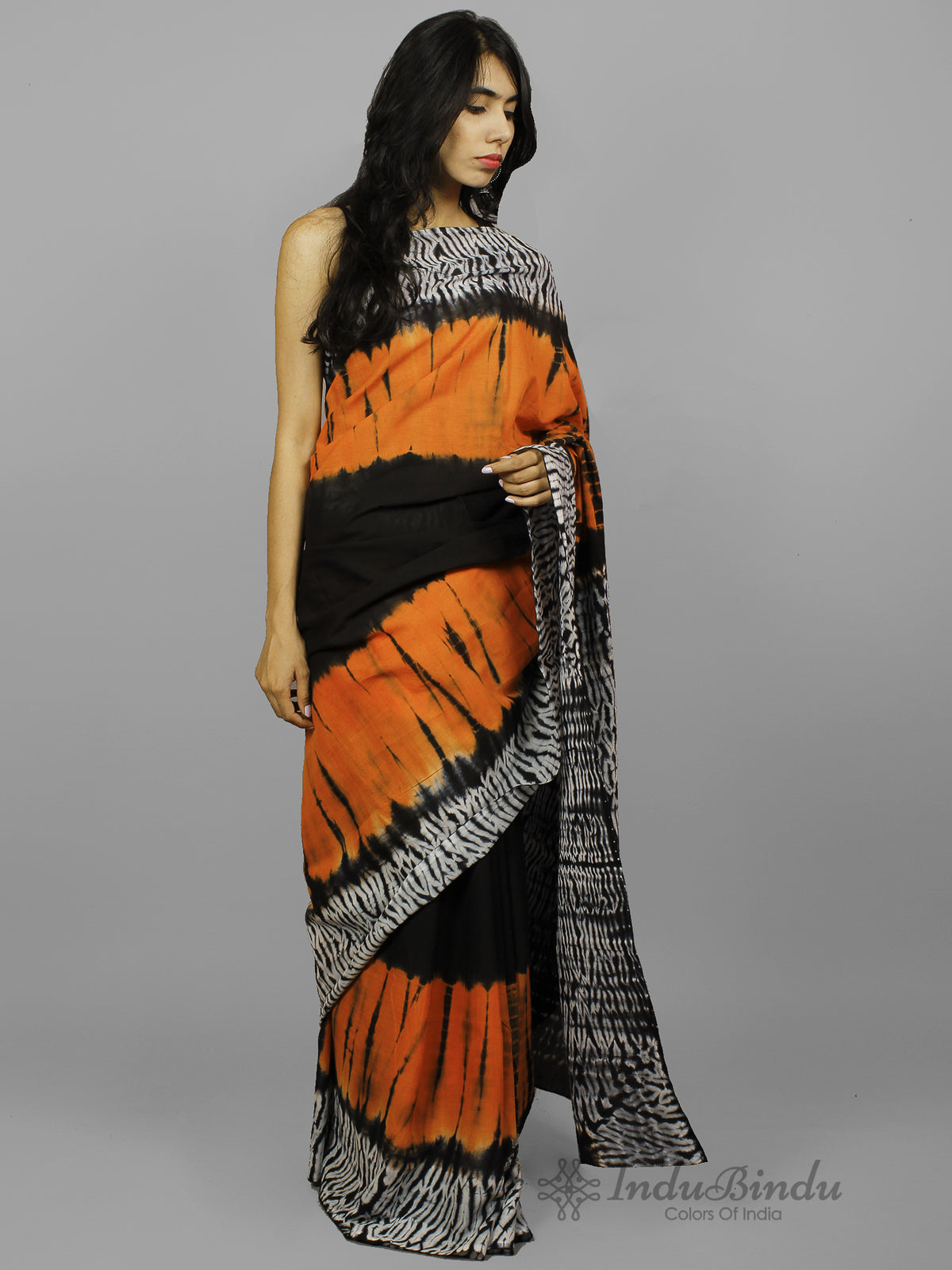 Orange Black Ivory Hand Shibori Dyed Cotton Saree - S031702224