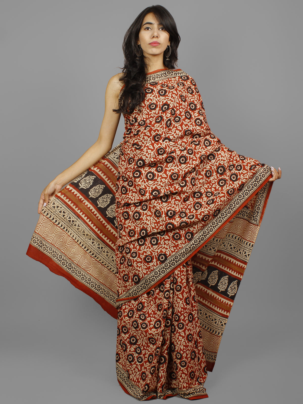 Beige Maroon Black Cotton Hand Block Printed Saree in Natural Colors - S031702226