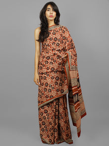 Beige Maroon Black Cotton Hand Block Printed Saree in Natural Colors - S031702226