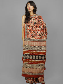 Beige Maroon Black Cotton Hand Block Printed Saree in Natural Colors - S031702226