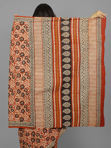 Beige Maroon Black Cotton Hand Block Printed Saree in Natural Colors - S031702226