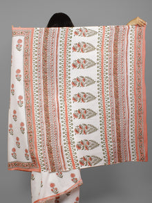 Ivory Peach Green Hand Block Printed Cotton Saree in Natural Colors - S031702241