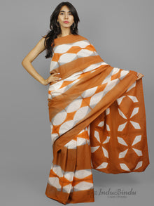 Peanut Brown White Grey Hand Block Printed Cotton Saree - S031702244