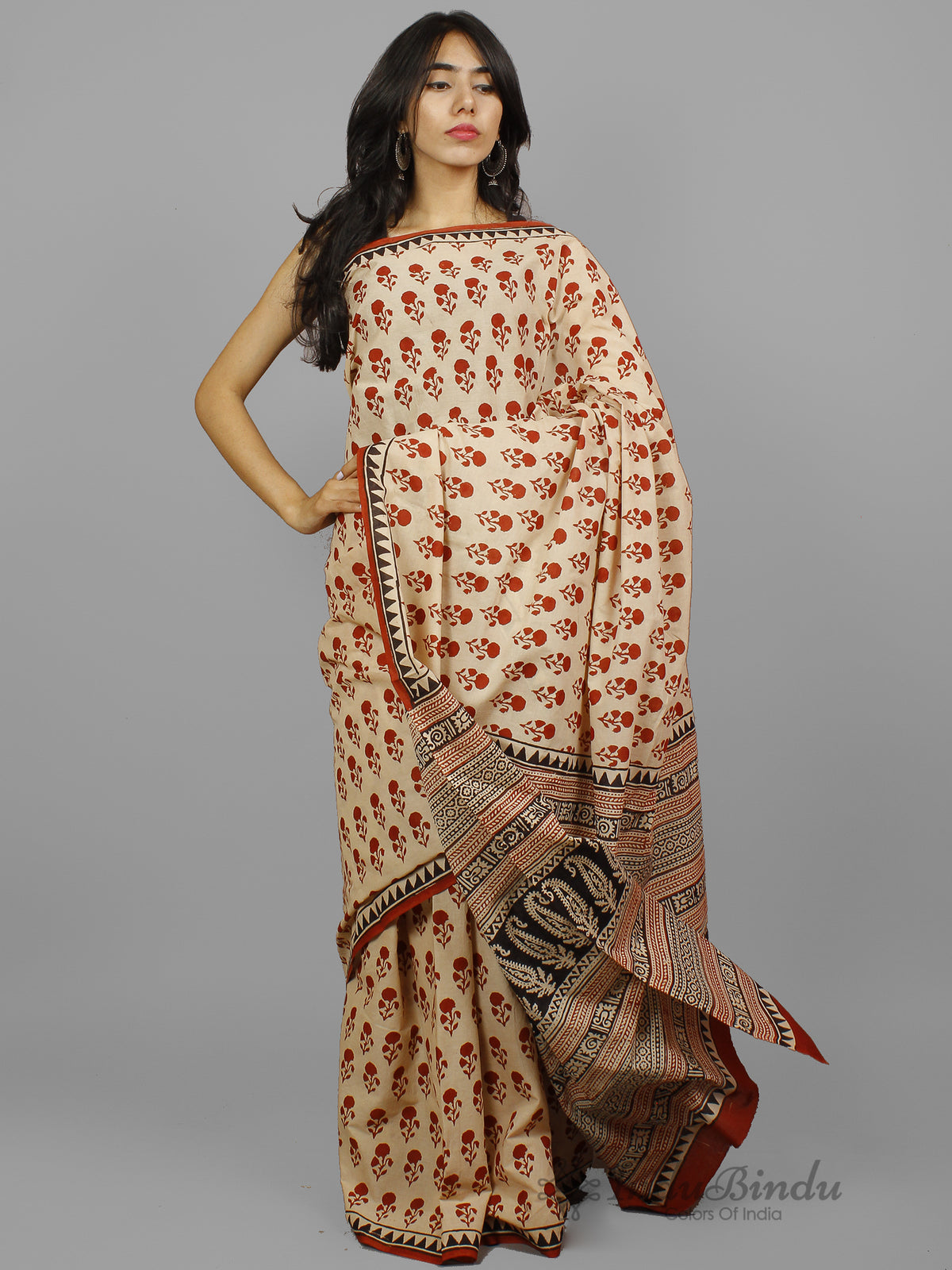 Beige Maroon Black Hand Block Printed Cotton Saree in Natural Colors - S031702247