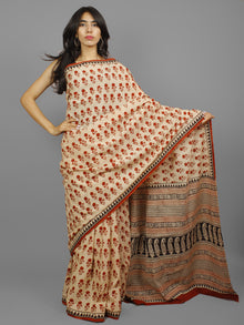 Beige Maroon Black Hand Block Printed Cotton Saree in Natural Colors - S031702247
