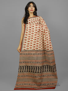 Beige Maroon Black Hand Block Printed Cotton Saree in Natural Colors - S031702247