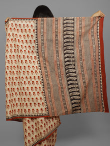 Beige Maroon Black Hand Block Printed Cotton Saree in Natural Colors - S031702247