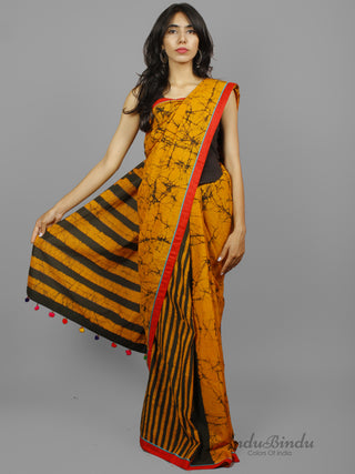 Yellow Black Hand Batik & Block Printed Cotton Saree With Red Border & Thread Embroidery - S031702249