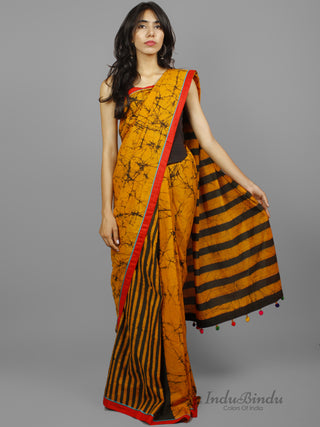 Yellow Black Hand Batik & Block Printed Cotton Saree With Red Border & Thread Embroidery - S031702249