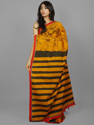 Yellow Black Hand Batik & Block Printed Cotton Saree With Red Border & Thread Embroidery - S031702249