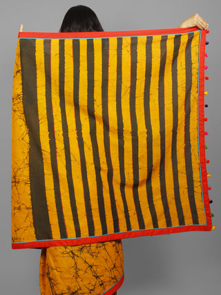 Yellow Black Hand Batik & Block Printed Cotton Saree With Red Border & Thread Embroidery - S031702249
