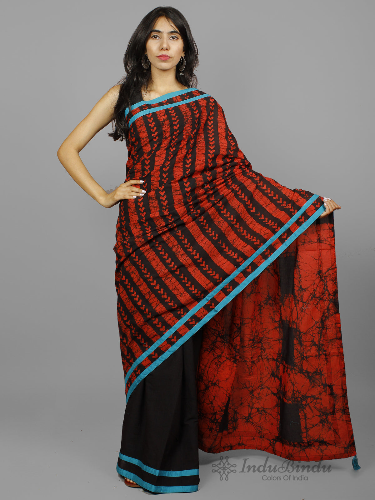 Black Red Hand Batik Printed Cotton Saree With Blue Border & Tassels - S031702253