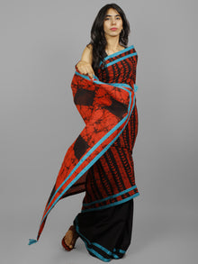 Black Red Hand Batik Printed Cotton Saree With Blue Border & Tassels - S031702253