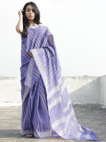 Purple White Hand Block Printed Kota Doria Saree in Natural Colors - S031702267