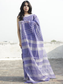 Purple White Hand Block Printed Kota Doria Saree in Natural Colors - S031702267