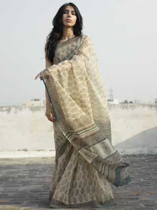 Beige Black Grey Hand Block Printed Kota Doria Saree in Natural Colors - S031702272