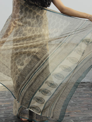 Beige Black Grey Hand Block Printed Kota Doria Saree in Natural Colors - S031702272