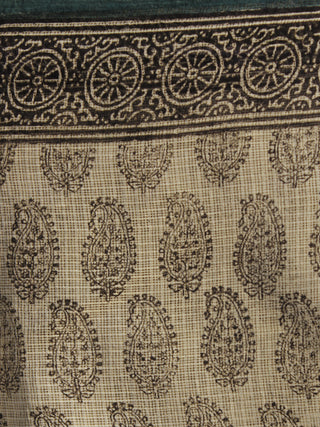 Beige Black Grey Hand Block Printed Kota Doria Saree in Natural Colors - S031702272