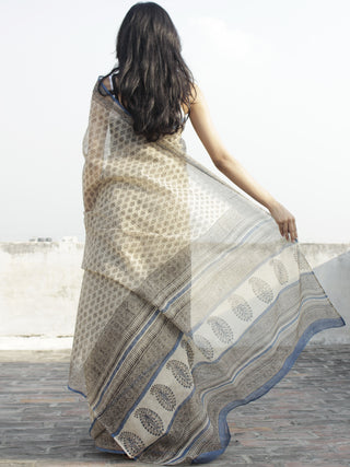 Beige Black Blue Hand Block Printed Kota Doria Saree in Natural Colors - S031702273