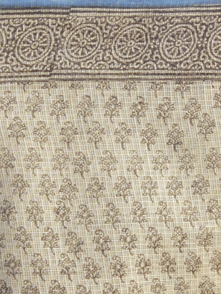 Beige Black Blue Hand Block Printed Kota Doria Saree in Natural Colors - S031702273